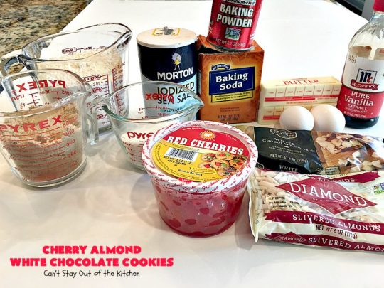 Cherry Almond White Chocolate Cookies | Can't Stay Out of the Kitchen | these terrific #cookies are perfect for the #holidays. They're festive & beautiful along with being so scrumptious. #cherries #almonds #chocolate #dessert