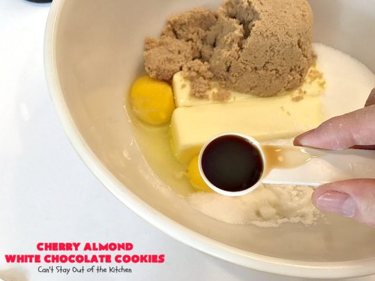 Cherry Almond White Chocolate Cookies | Can't Stay Out of the Kitchen | these terrific #cookies are perfect for the #holidays. They're festive & beautiful along with being so scrumptious. #cherries #almonds #chocolate #dessert