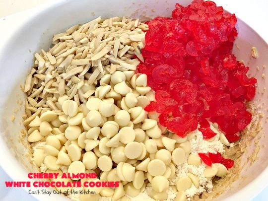 Cherry Almond White Chocolate Cookies | Can't Stay Out of the Kitchen | these terrific #cookies are perfect for the #holidays. They're festive & beautiful along with being so scrumptious. #cherries #almonds #chocolate #dessert