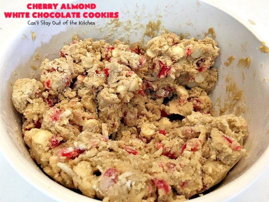 Cherry Almond White Chocolate Cookies | Can't Stay Out of the Kitchen | these terrific #cookies are perfect for the #holidays. They're festive & beautiful along with being so scrumptious. #cherries #almonds #chocolate #dessert