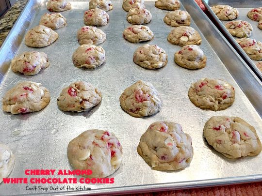 Cherry Almond White Chocolate Cookies | Can't Stay Out of the Kitchen | these terrific #cookies are perfect for the #holidays. They're festive & beautiful along with being so scrumptious. #cherries #almonds #chocolate #dessert