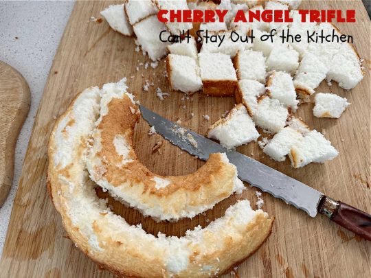 Cherry Angel Trifle | Can't Stay Out of the Kitchen | If you want a rave #dessert to make for the #holidays, this is it! This scrumptious, swoon-worthy #5IngredientRecipe is all you could ask for in a #CherryDessert. Whip it up in 10 minutes & your family & friends will drool for days! #CherryPieFilling #AngelFoodCake #CreamCheese #HolidayDessert #CherryAngelDessert #CherryAngelTrifle