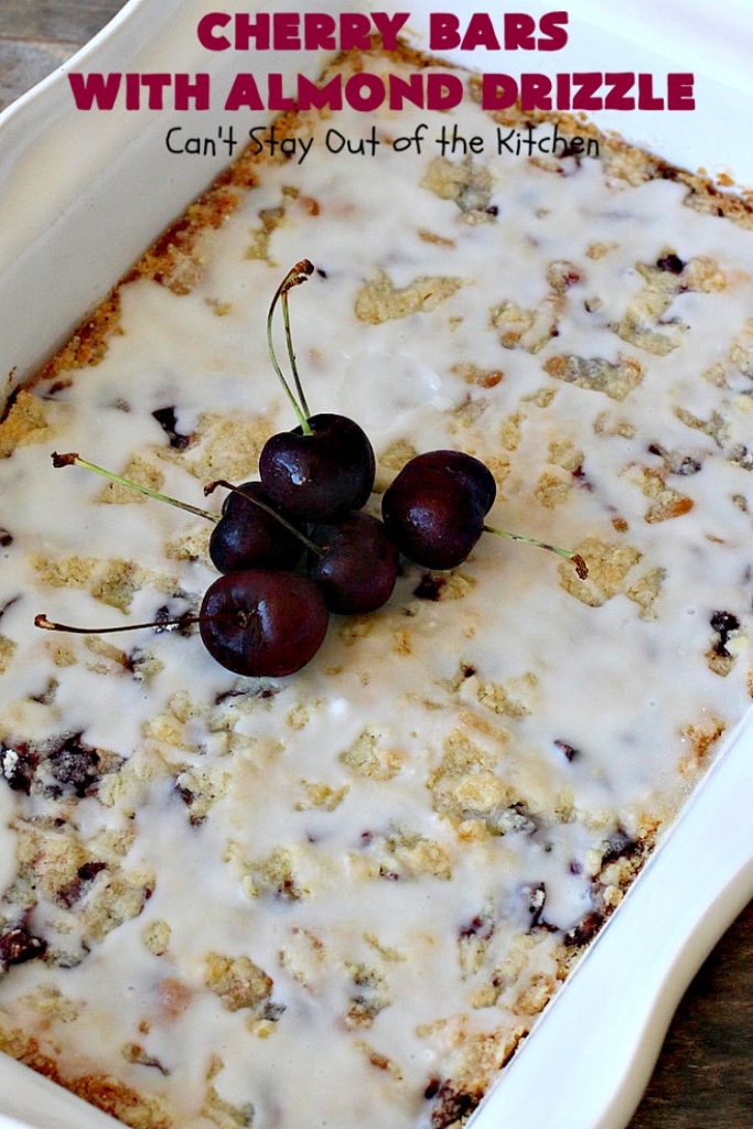 Cherry Bars with Almond Drizzle | Can't Stay Out of the Kitchen | these delicious #cookies will have you drooling after the first bite! The #almond drizzle on top is to die for. #dessert #cherries #LaborDay #cherrydessert #LaborDayDessert