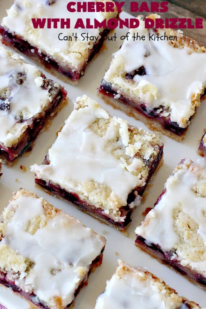 Cherry Bars with Almond Drizzle | Can't Stay Out of the Kitchen | these delicious #cookies will have you drooling after the first bite! The #almond drizzle on top is to die for. #dessert #cherries #LaborDay #cherrydessert #LaborDayDessert