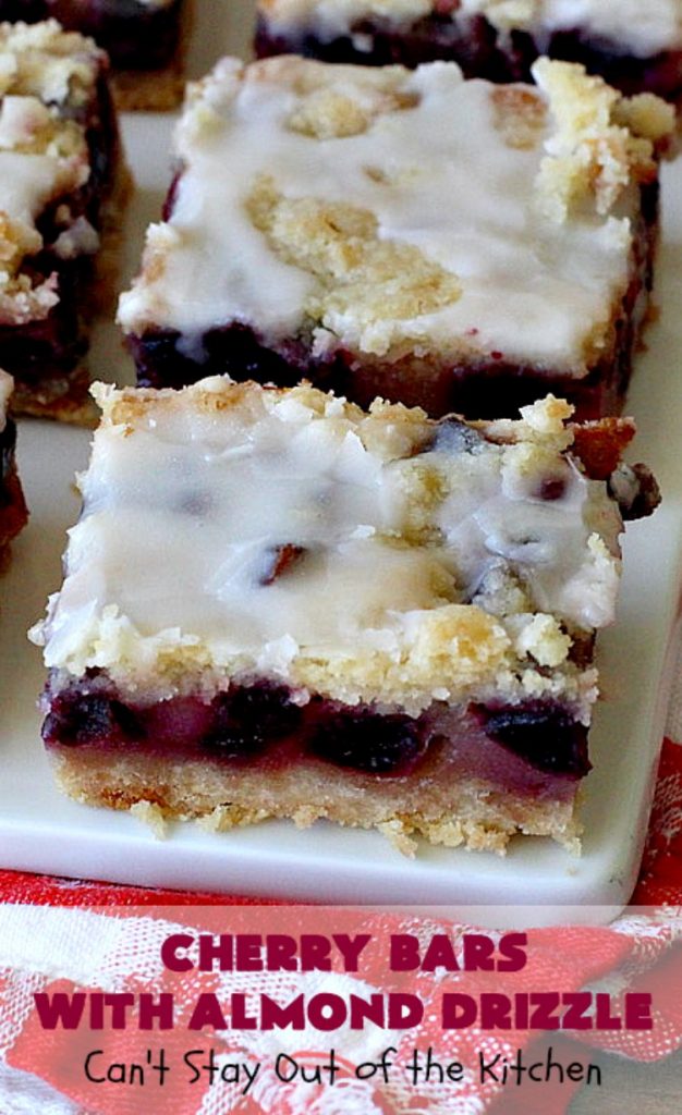 Cherry Bars with Almond Drizzle | Can't Stay Out of the Kitchen | these delicious #cookies will have you drooling after the first bite! The #almond drizzle on top is to die for. #dessert #cherries #LaborDay #cherrydessert #LaborDayDessert