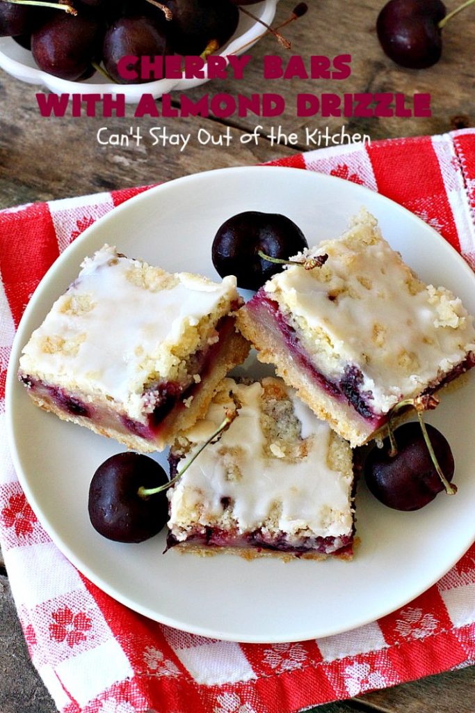 Cherry Bars with Almond Drizzle | Can't Stay Out of the Kitchen | these delicious #cookies will have you drooling after the first bite! The #almond drizzle on top is to die for. #dessert #cherries #LaborDay #cherrydessert #LaborDayDessert
