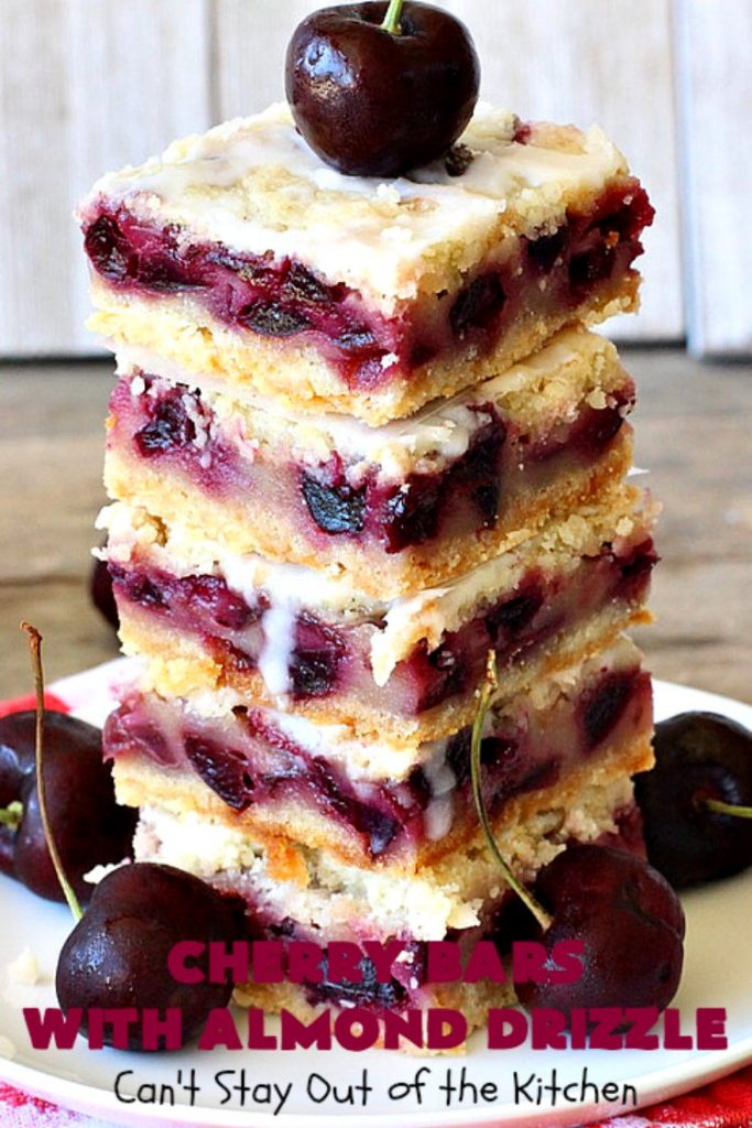 Cherry Bars with Almond Drizzle | Can't Stay Out of the Kitchen | these delicious #cookies will have you drooling after the first bite! The #almond drizzle on top is to die for. #dessert #cherries #LaborDay #cherrydessert #LaborDayDessert