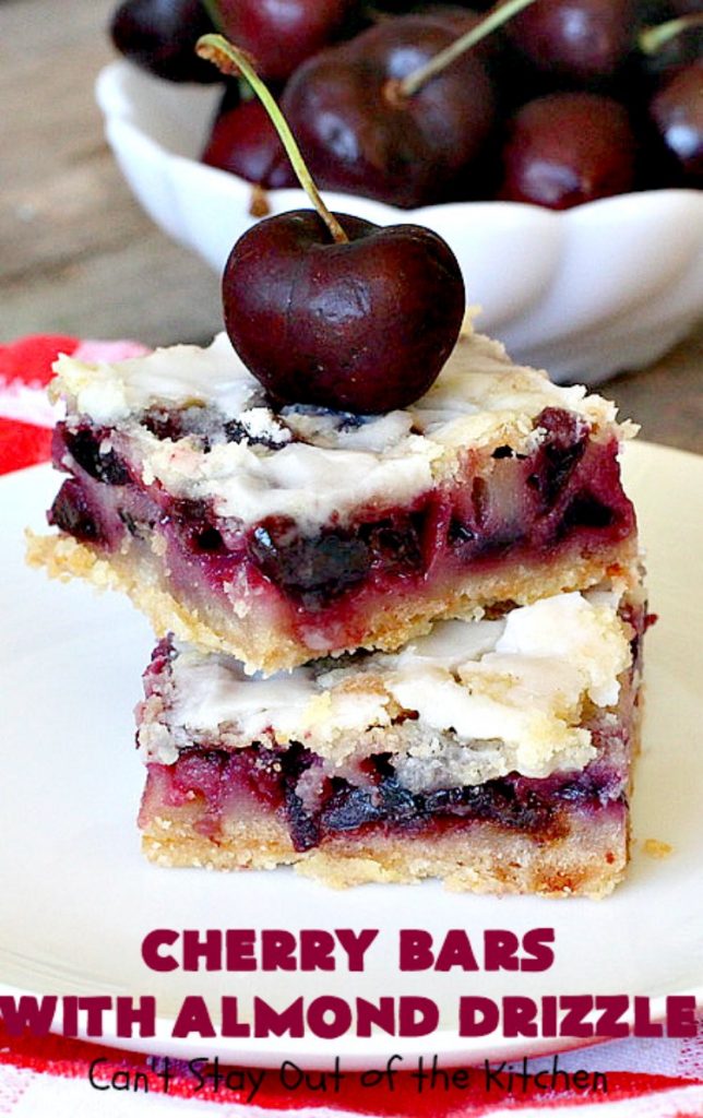 Cherry Bars with Almond Drizzle | Can't Stay Out of the Kitchen | these delicious #cookies will have you drooling after the first bite! The #almond drizzle on top is to die for. #dessert #cherries #LaborDay #cherrydessert #LaborDayDessert