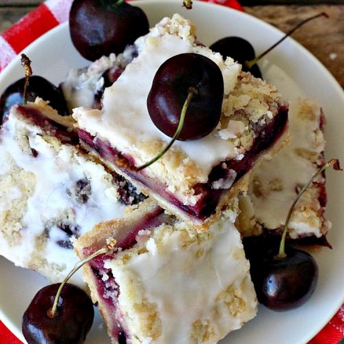 Cherry Bars with Almond Drizzle | Can't Stay Out of the Kitchen | these delicious #cookies will have you drooling after the first bite! The #almond drizzle on top is to die for. #dessert #cherries #LaborDay #cherrydessert #LaborDayDessert
