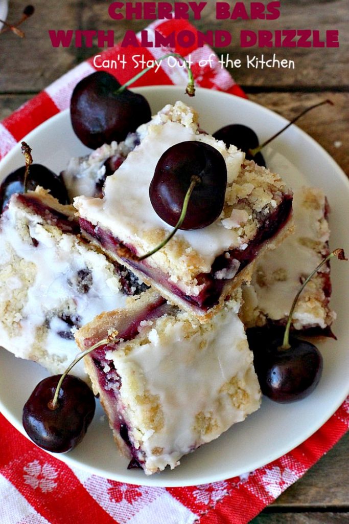 Cherry Bars with Almond Drizzle | Can't Stay Out of the Kitchen | these delicious #cookies will have you drooling after the first bite! The #almond drizzle on top is to die for. #dessert #cherries #LaborDay #cherrydessert #LaborDayDessert