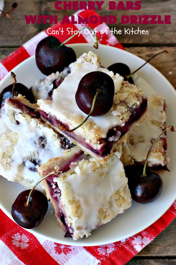Cherry Bars with Almond Drizzle | Can't Stay Out of the Kitchen | these delicious #cookies will have you drooling after the first bite! The #almond drizzle on top is to die for. #dessert #cherries #LaborDay #cherrydessert #LaborDayDessert