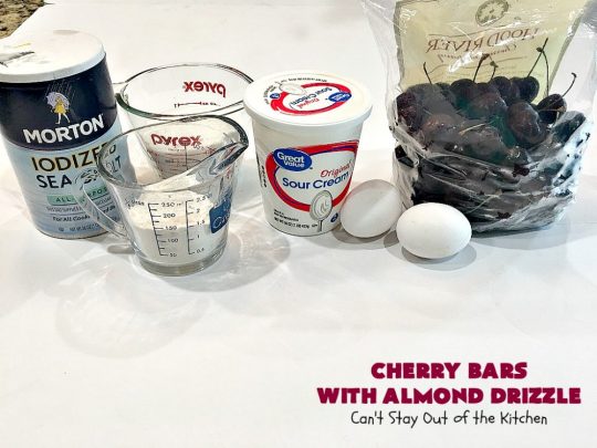 Cherry Bars with Almond Drizzle | Can't Stay Out of the Kitchen | these delicious #cookies will have you drooling after the first bite! The #almond drizzle on top is to die for. #dessert #cherries #LaborDay #cherrydessert #LaborDayDessert