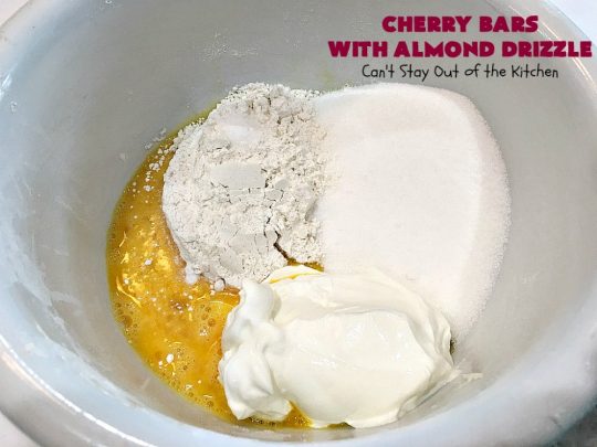 Cherry Bars with Almond Drizzle | Can't Stay Out of the Kitchen | these delicious #cookies will have you drooling after the first bite! The #almond drizzle on top is to die for. #dessert #cherries #LaborDay #cherrydessert #LaborDayDessert