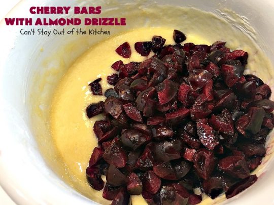 Cherry Bars with Almond Drizzle | Can't Stay Out of the Kitchen | these delicious #cookies will have you drooling after the first bite! The #almond drizzle on top is to die for. #dessert #cherries #LaborDay #cherrydessert #LaborDayDessert