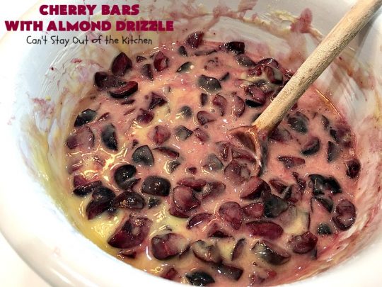 Cherry Bars with Almond Drizzle | Can't Stay Out of the Kitchen | these delicious #cookies will have you drooling after the first bite! The #almond drizzle on top is to die for. #dessert #cherries #LaborDay #cherrydessert #LaborDayDessert