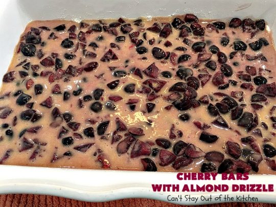 Cherry Bars with Almond Drizzle | Can't Stay Out of the Kitchen | these delicious #cookies will have you drooling after the first bite! The #almond drizzle on top is to die for. #dessert #cherries #LaborDay #cherrydessert #LaborDayDessert