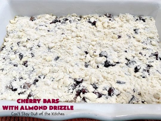 Cherry Bars with Almond Drizzle | Can't Stay Out of the Kitchen | these delicious #cookies will have you drooling after the first bite! The #almond drizzle on top is to die for. #dessert #cherries #LaborDay #cherrydessert #LaborDayDessert