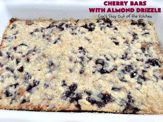 Cherry Bars with Almond Drizzle | Can't Stay Out of the Kitchen | these delicious #cookies will have you drooling after the first bite! The #almond drizzle on top is to die for. #dessert #cherries #LaborDay #cherrydessert #LaborDayDessert