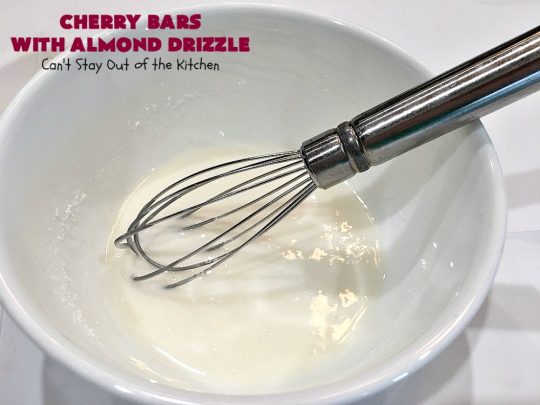 Cherry Bars with Almond Drizzle | Can't Stay Out of the Kitchen | these delicious #cookies will have you drooling after the first bite! The #almond drizzle on top is to die for. #dessert #cherries #LaborDay #cherrydessert #LaborDayDessert