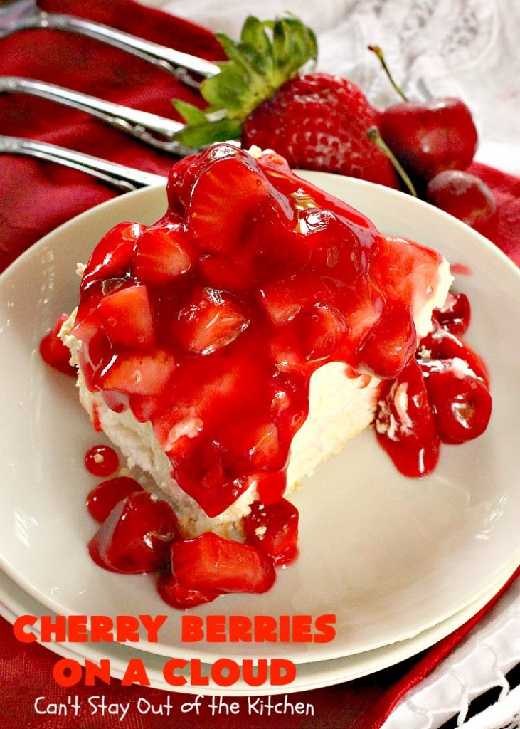 Cherry Berries On A Cloud | Can't Stay Out of the Kitchen | Prepare to wow your guests with this awesome, decadent #dessert! It has a meringue crust, #cheesecake layer with #marshmallows & topped with a #cherry & #strawberry glaze. It's perfect for #holidays like #Christmas, #ValentinesDay or special occasions.