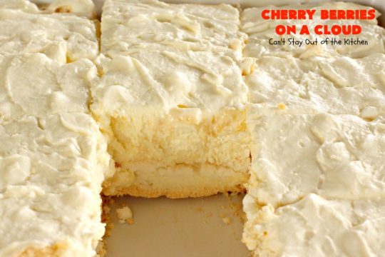 Cherry Berries On A Cloud | Can't Stay Out of the Kitchen | Prepare to wow your guests with this awesome, decadent #dessert! It has a meringue crust, #cheesecake layer with #marshmallows & topped with a #cherry & #strawberry glaze. It's perfect for #holidays like #Christmas, #ValentinesDay or special occasions.