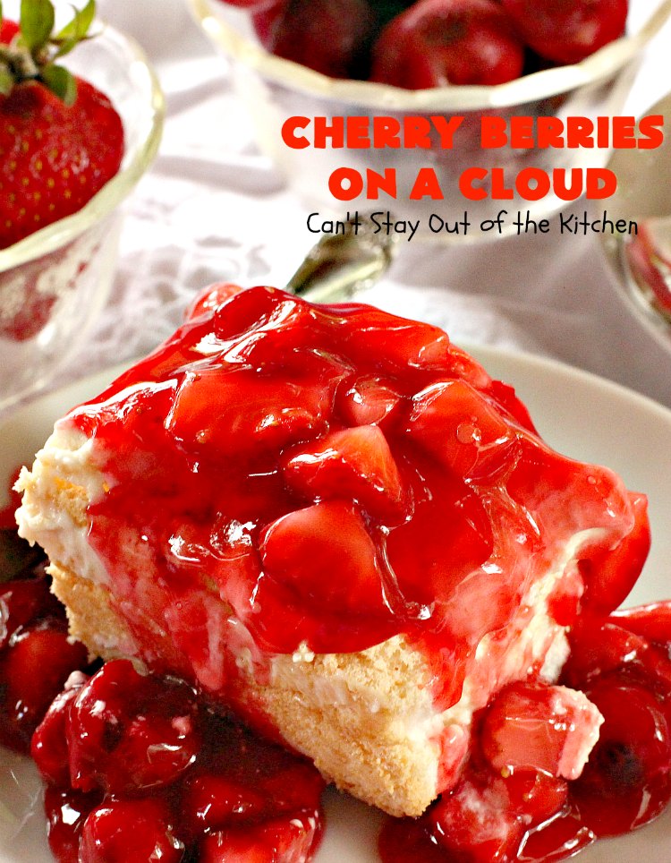 Cherry Berries On A Cloud | Can't Stay Out of the Kitchen | Prepare to wow your guests with this awesome, decadent #dessert! It has a meringue crust, #cheesecake layer with #marshmallows & topped with a #cherry & #strawberry glaze. It's perfect for #holidays like #Christmas, #ValentinesDay or special occasions.