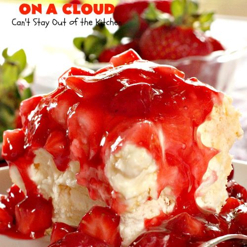 Cherry Berries On A Cloud | Can't Stay Out of the Kitchen | Prepare to wow your guests with this awesome, decadent #dessert! It has a meringue crust, #cheesecake layer with #marshmallows & topped with a #cherry & #strawberry glaze. It's perfect for #holidays like #Christmas, #ValentinesDay or special occasions.