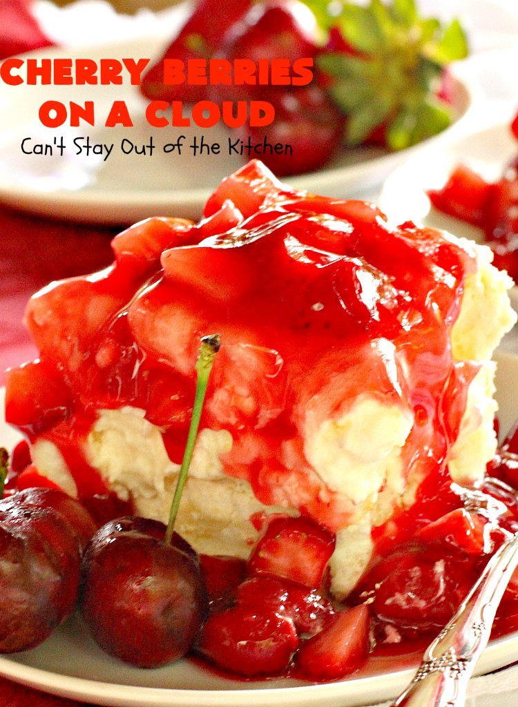 Cherry Berries On A Cloud | Can't Stay Out of the Kitchen | Prepare to wow your guests with this awesome, decadent #dessert! It has a meringue crust, #cheesecake layer with #marshmallows & topped with a #cherry & #strawberry glaze. It's perfect for #holidays like #Christmas, #ValentinesDay or special occasions.
