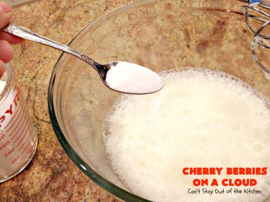 Cherry Berries On A Cloud | Can't Stay Out of the Kitchen | Prepare to wow your guests with this awesome, decadent #dessert! It has a meringue crust, #cheesecake layer with #marshmallows & topped with a #cherry & #strawberry glaze. It's perfect for #holidays like #Christmas, #ValentinesDay or special occasions.