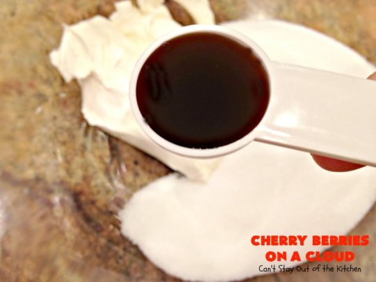Cherry Berries On A Cloud | Can't Stay Out of the Kitchen | Prepare to wow your guests with this awesome, decadent #dessert! It has a meringue crust, #cheesecake layer with #marshmallows & topped with a #cherry & #strawberry glaze. It's perfect for #holidays like #Christmas, #ValentinesDay or special occasions.