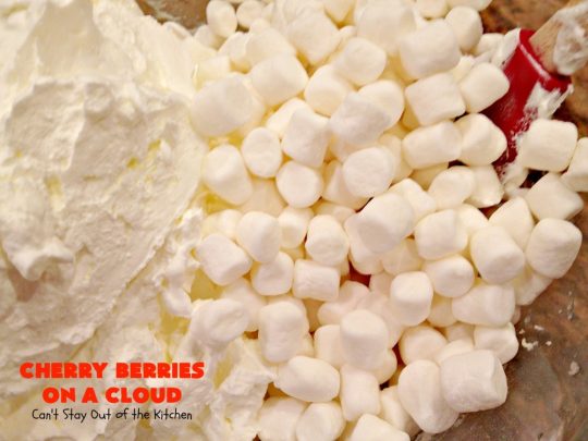 Cherry Berries On A Cloud | Can't Stay Out of the Kitchen | Prepare to wow your guests with this awesome, decadent #dessert! It has a meringue crust, #cheesecake layer with #marshmallows & topped with a #cherry & #strawberry glaze. It's perfect for #holidays like #Christmas, #ValentinesDay or special occasions.
