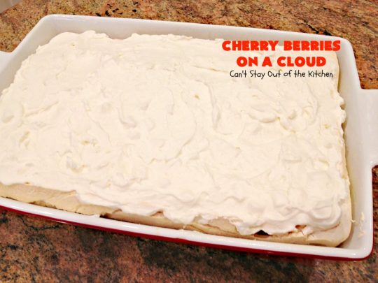 Cherry Berries On A Cloud | Can't Stay Out of the Kitchen | Prepare to wow your guests with this awesome, decadent #dessert! It has a meringue crust, #cheesecake layer with #marshmallows & topped with a #cherry & #strawberry glaze. It's perfect for #holidays like #Christmas, #ValentinesDay or special occasions.