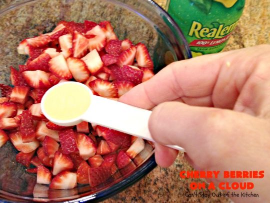 Cherry Berries On A Cloud | Can't Stay Out of the Kitchen | Prepare to wow your guests with this awesome, decadent #dessert! It has a meringue crust, #cheesecake layer with #marshmallows & topped with a #cherry & #strawberry glaze. It's perfect for #holidays like #Christmas, #ValentinesDay or special occasions.