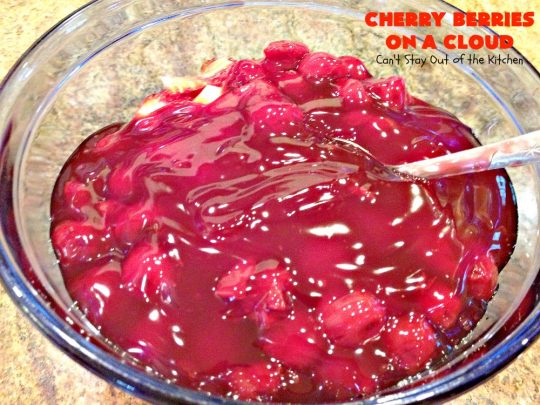 Cherry Berries On A Cloud | Can't Stay Out of the Kitchen | Prepare to wow your guests with this awesome, decadent #dessert! It has a meringue crust, #cheesecake layer with #marshmallows & topped with a #cherry & #strawberry glaze. It's perfect for #holidays like #Christmas, #ValentinesDay or special occasions.