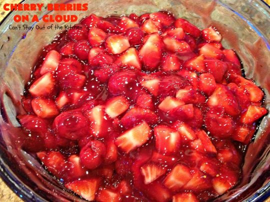 Cherry Berries On A Cloud | Can't Stay Out of the Kitchen | Prepare to wow your guests with this awesome, decadent #dessert! It has a meringue crust, #cheesecake layer with #marshmallows & topped with a #cherry & #strawberry glaze. It's perfect for #holidays like #Christmas, #ValentinesDay or special occasions.