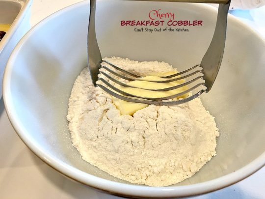 Cherry Breakfast Cobbler | Can't Stay Out of the Kitchen | We love this fabulous #coffeecake. It's so easy & a family favorite. It starts with a #cakemix and uses #cherrypiefilling. It's great for a #holiday #breakfast, too. 