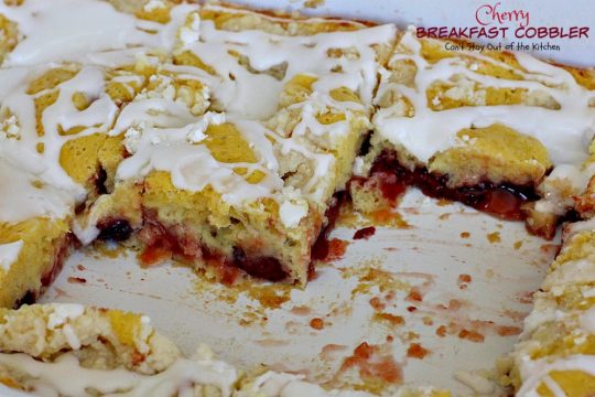 Cherry Breakfast Cobbler | Can't Stay Out of the Kitchen | We love this fabulous #coffeecake. It's so easy & a family favorite. It starts with a #cakemix and uses #cherrypiefilling. It's great for a #holiday #breakfast, too. 
