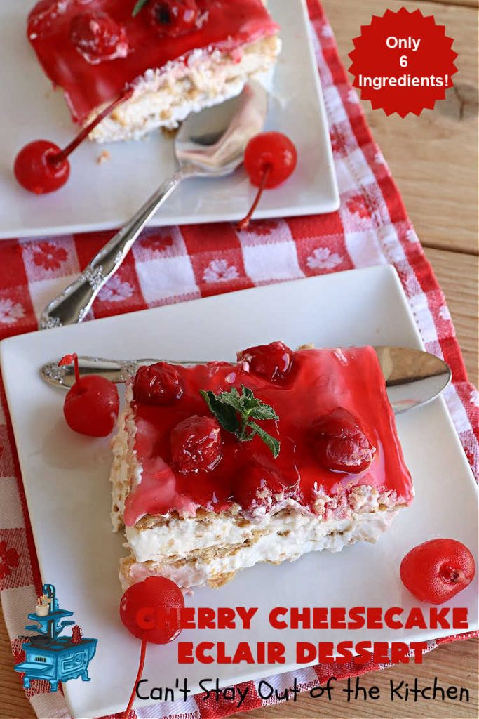 Cherry Cheesecake Éclair Dessert | Can't Stay Out of the Kitchen | this is an awesome #dessert to wow your family, friends and company for any social gathering. It's a #SixIngredientRecipe & easily whipped up in about 10 minutes. This #CherryDessert will have you swooning from the first bite. #ÉclairDessert #CherryCheesecakeÉclairDessert #Éclairs #CherryPieFilling #Cheesecake #CheesecakePuddingMix
