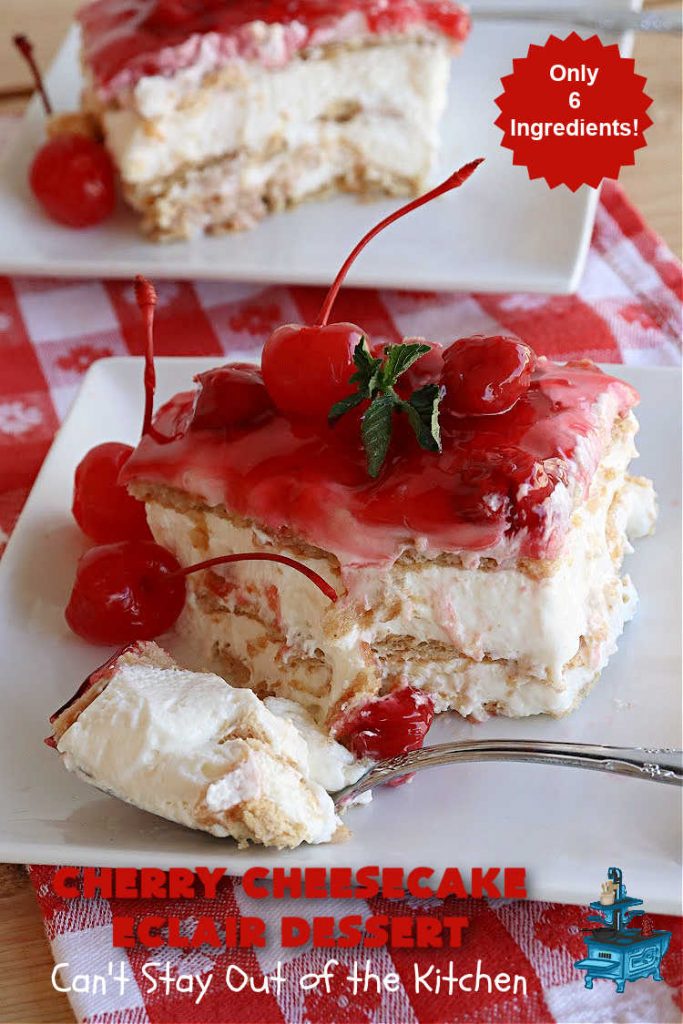 Cherry Cheesecake Éclair Dessert | Can't Stay Out of the Kitchen | this is an awesome #dessert to wow your family, friends and company for any social gathering. It's a #SixIngredientRecipe & easily whipped up in about 10 minutes. This #CherryDessert will have you swooning from the first bite. #ÉclairDessert #CherryCheesecakeÉclairDessert #Éclairs #CherryPieFilling #Cheesecake #CheesecakePuddingMix