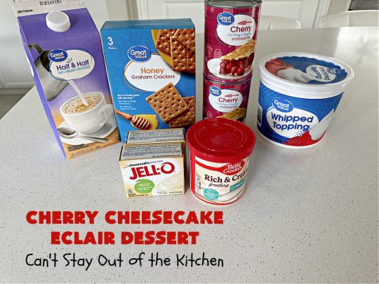 Cherry Cheesecake Éclair Dessert | Can't Stay Out of the Kitchen | this is an awesome #dessert to wow your family, friends and company for any social gathering. It's a #SixIngredientRecipe & easily whipped up in about 10 minutes. This #CherryDessert will have you swooning from the first bite. #ÉclairDessert #CherryCheesecakeÉclairDessert #Éclairs #CherryPieFilling #Cheesecake #CheesecakePuddingMix