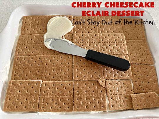 Cherry Cheesecake Éclair Dessert | Can't Stay Out of the Kitchen | this is an awesome #dessert to wow your family, friends and company for any social gathering. It's a #SixIngredientRecipe & easily whipped up in about 10 minutes. This #CherryDessert will have you swooning from the first bite. #ÉclairDessert #CherryCheesecakeÉclairDessert #Éclairs #CherryPieFilling #Cheesecake #CheesecakePuddingMix
