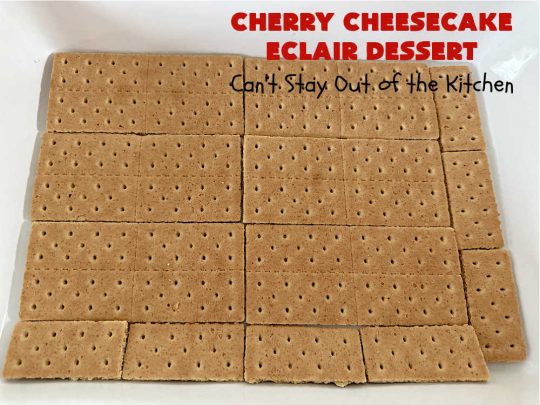 Cherry Cheesecake Éclair Dessert | Can't Stay Out of the Kitchen | this is an awesome #dessert to wow your family, friends and company for any social gathering. It's a #SixIngredientRecipe & easily whipped up in about 10 minutes. This #CherryDessert will have you swooning from the first bite. #ÉclairDessert #CherryCheesecakeÉclairDessert #Éclairs #CherryPieFilling #Cheesecake #CheesecakePuddingMix