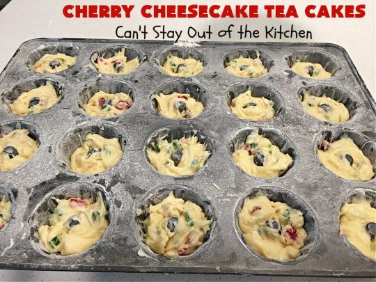 Cherry Cheesecake Tea Cakes | Can't Stay Out of the Kitchen | These miniature #Bundt #cakes will knock your socks off! They're filled with red & green #cherries & flavored with #almond extract, #CreamCheese & #Cheesecake #PuddingMix. Great #holiday or #Christmas #dessert. #CherryDessert #HolidayDessert #TeaCakes #CherryCheesecakeTeaCakes
