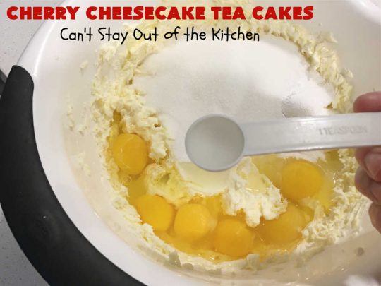 Cherry Cheesecake Tea Cakes | Can't Stay Out of the Kitchen | These miniature #Bundt #cakes will knock your socks off! They're filled with red & green #cherries & flavored with #almond extract, #CreamCheese & #Cheesecake #PuddingMix. Great #holiday or #Christmas #dessert. #CherryDessert #HolidayDessert #TeaCakes #CherryCheesecakeTeaCakes