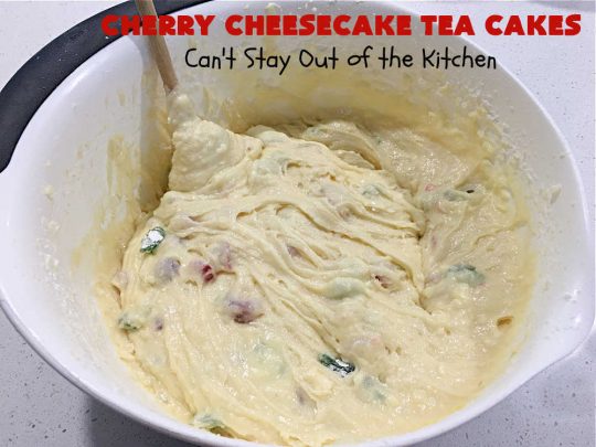 Cherry Cheesecake Tea Cakes | Can't Stay Out of the Kitchen | These miniature #Bundt #cakes will knock your socks off! They're filled with red & green #cherries & flavored with #almond extract, #CreamCheese & #Cheesecake #PuddingMix. Great #holiday or #Christmas #dessert. #CherryDessert #HolidayDessert #TeaCakes #CherryCheesecakeTeaCakes