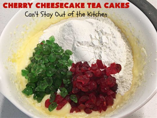 Cherry Cheesecake Tea Cakes | Can't Stay Out of the Kitchen | These miniature #Bundt #cakes will knock your socks off! They're filled with red & green #cherries & flavored with #almond extract, #CreamCheese & #Cheesecake #PuddingMix. Great #holiday or #Christmas #dessert. #CherryDessert #HolidayDessert #TeaCakes #CherryCheesecakeTeaCakes