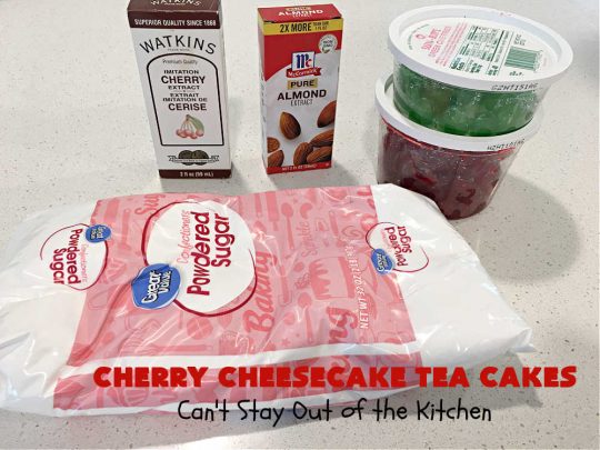 Cherry Cheesecake Tea Cakes | Can't Stay Out of the Kitchen | These miniature #Bundt #cakes will knock your socks off! They're filled with red & green #cherries & flavored with #almond extract, #CreamCheese & #Cheesecake #PuddingMix. Great #holiday or #Christmas #dessert. #CherryDessert #HolidayDessert #TeaCakes #CherryCheesecakeTeaCakes