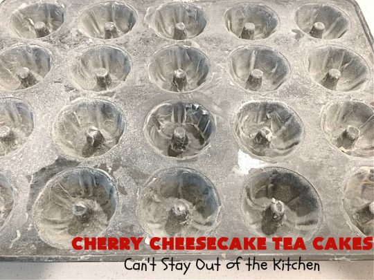 Cherry Cheesecake Tea Cakes | Can't Stay Out of the Kitchen | These miniature #Bundt #cakes will knock your socks off! They're filled with red & green #cherries & flavored with #almond extract, #CreamCheese & #Cheesecake #PuddingMix. Great #holiday or #Christmas #dessert. #CherryDessert #HolidayDessert #TeaCakes #CherryCheesecakeTeaCakes