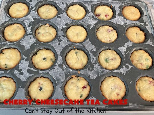 Cherry Cheesecake Tea Cakes | Can't Stay Out of the Kitchen | These miniature #Bundt #cakes will knock your socks off! They're filled with red & green #cherries & flavored with #almond extract, #CreamCheese & #Cheesecake #PuddingMix. Great #holiday or #Christmas #dessert. #CherryDessert #HolidayDessert #TeaCakes #CherryCheesecakeTeaCakes