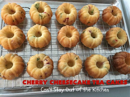 Cherry Cheesecake Tea Cakes | Can't Stay Out of the Kitchen | These miniature #Bundt #cakes will knock your socks off! They're filled with red & green #cherries & flavored with #almond extract, #CreamCheese & #Cheesecake #PuddingMix. Great #holiday or #Christmas #dessert. #CherryDessert #HolidayDessert #TeaCakes #CherryCheesecakeTeaCakes